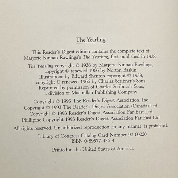 The Yearling By Marjorie Kinnan Rawlings Readers Digest Edition Hardcover 1993 - Picture 2 of 5